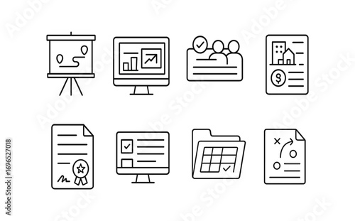 Business and office outline icon set: essential tools for your workspace