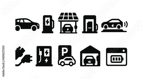 Electric vehicle solid icon set. charging, station, battery symbols filled style