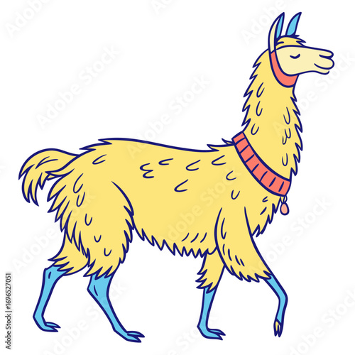 Cute yellow llama with blue legs and red collar