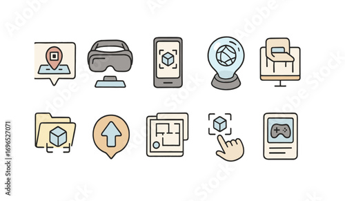 Augmented reality line icon set: virtual, digital interface, tech, interactive icons
