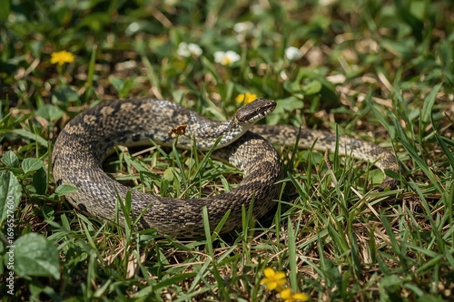 The non-poisonous grass snake, also known as the ringed or water snake, basking in a backyard on a sunny summer afternoon.