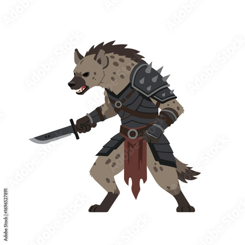 A hyenalike creature in dark armor holds a knife