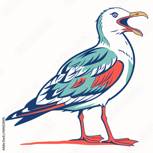 A stylized seagull with its beak open