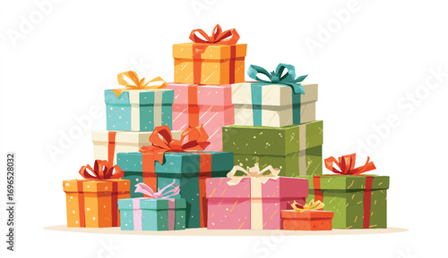 Festive stack of gift boxes tied with colorful ribbons perfect for holidays and celebrations illustration