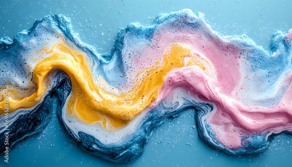 Obraz premium Abstract fluid art with swirling waves in pink, yellow, and blue colors creating dynamic motion effect against turquoise background, modern artistic design.
