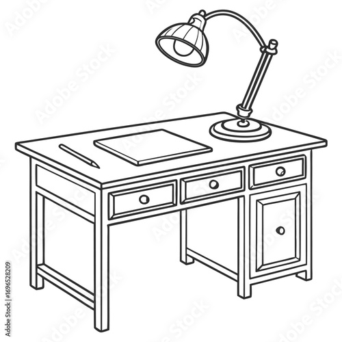 Outline illustration of a writing desk with a lamp
