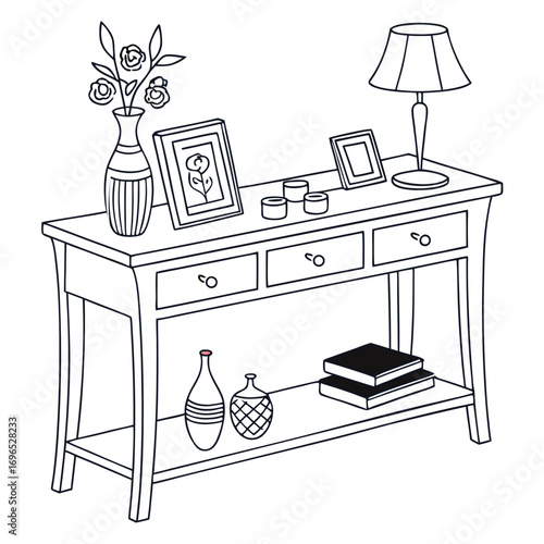 Console table with decorative items icon for interior design and home decor