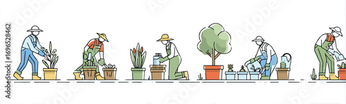 Gardening Line Art Illustration with People Planting Flowers and Trees in Pots Outdoors