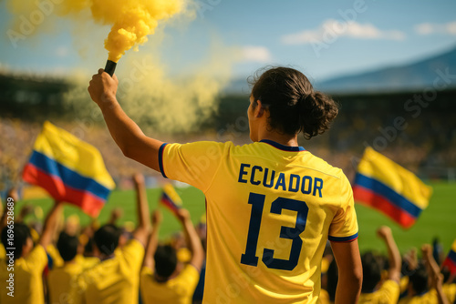 Ecuadorian soccer fan with yellow smoke flare in stadium