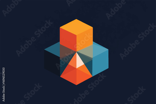 Geometric Shapes in Abstract Composition with Cubes Pyramids and Overlapping Elements on Dark Background Illustration
