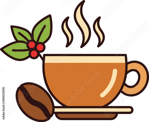 Steaming cup of fresh coffee with roasted bean and green leaves