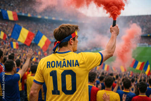 Romanian soccer fan with red smoke flare at stadium