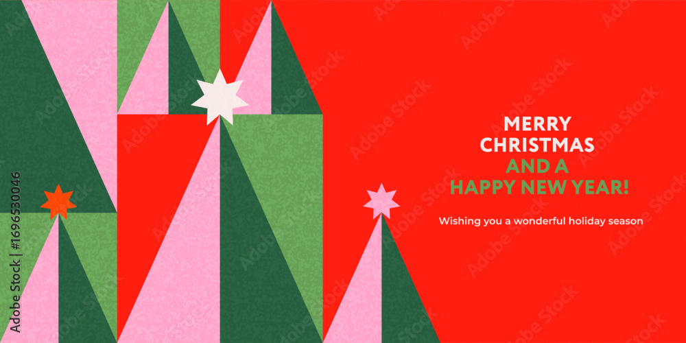 Christmas greeting card, banner, poster, holiday cover. Modern geometric Xmas design with stylized Christmas Tree pattern made of geometric shapes in red, green, pink and white colors.
