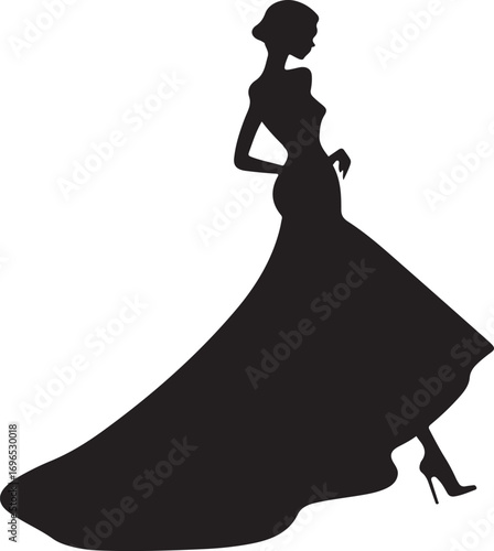 Silhouette of a woman in a flowing evening gown posing female fashion