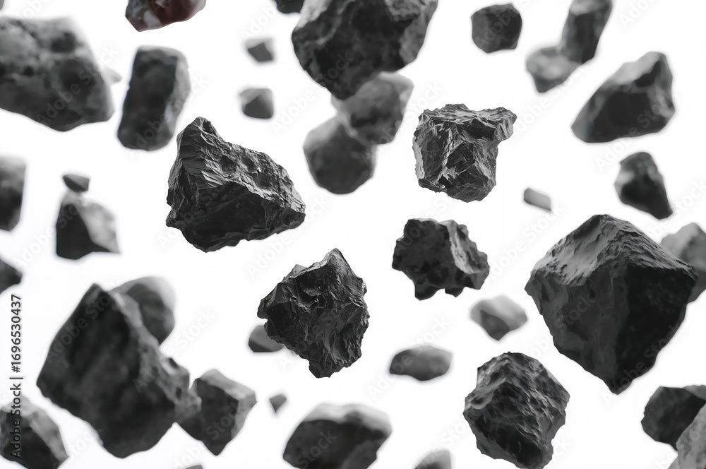 Naklejka premium Space-themed floating meteorite fragments and shattered rocks on a white backdrop.