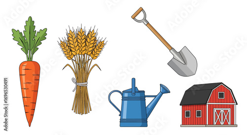 Farming icons set with carrot, wheat, shovel, watering can, and barn, cartoon agriculture pack isolated on white background