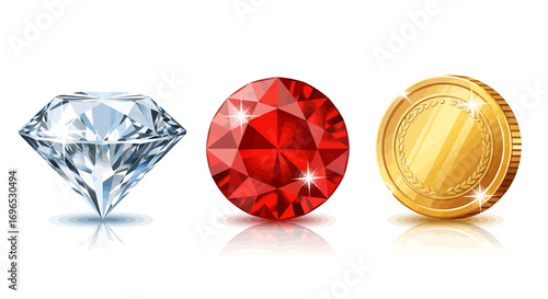 Treasure icons set with diamond, ruby, and golden coin, shiny collectible gems isolated on white background