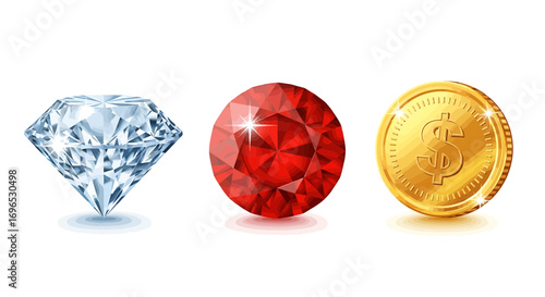 Treasure icons set with diamond, ruby, and golden coin, shiny collectible gems isolated on white background