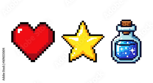 Pixel art icons set with heart, star, and potion, retro gaming collectibles isolated on white background