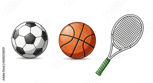 Sports icons set with soccer ball, basketball, and tennis racket, athletic activity pack isolated on white background