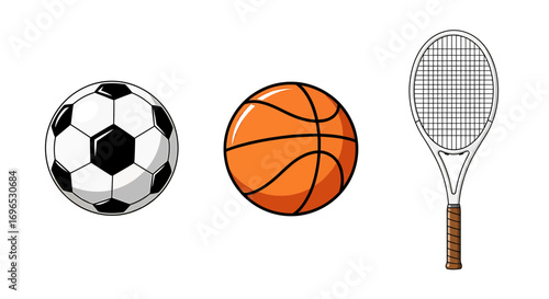 Sports icons set with soccer ball, basketball, and tennis racket, athletic activity pack isolated on white background