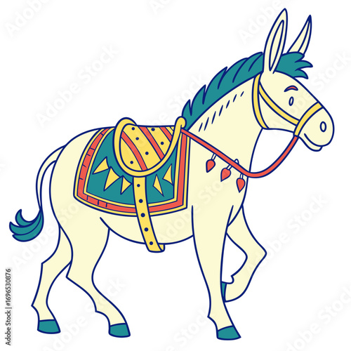 Cartoon donkey with saddle and bridle