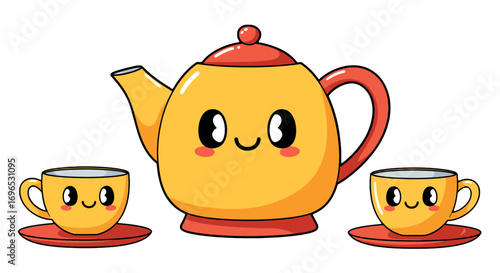 Cute kawaii teapot and teacups cartoon illustration tea party vector graphic design adorable smiling face on transparent background