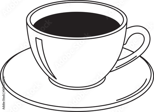 Black coffee in a white cup on a saucer vector line art illustration