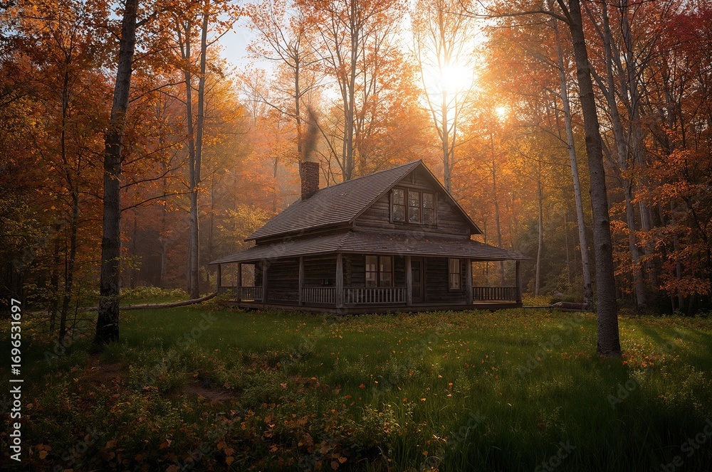 Fototapeta premium Wooden Cabin Surrounded by Autumn Forest