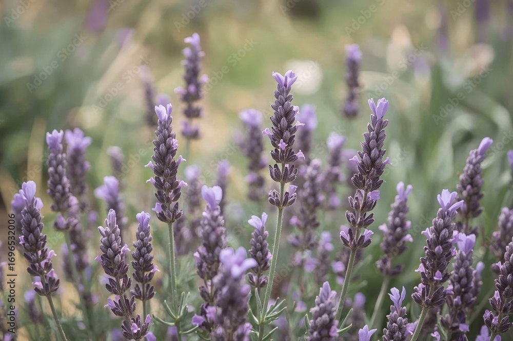 Naklejka premium Spring garden adorned with delicate lavender blooms against a gentle natural background