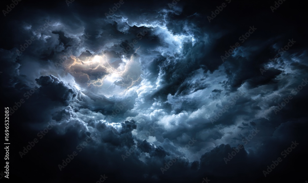 Fototapeta premium Dramatic view upward into swirling storm clouds, illuminated from behind. Dark and ominous atmosphere