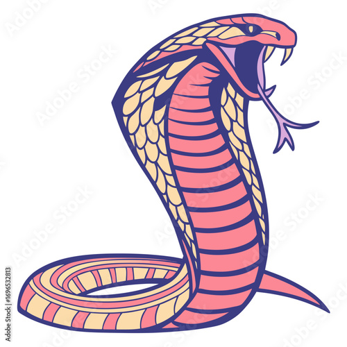 Stylized cobra snake with open mouth and fangs