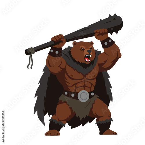 A muscular bearman with a club wearing a cloak and tribal gear roaring aggressively