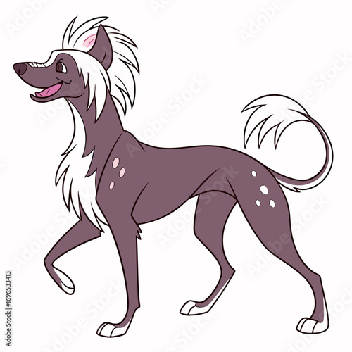 Cartoon chinese crested dog with white hair on head and tail