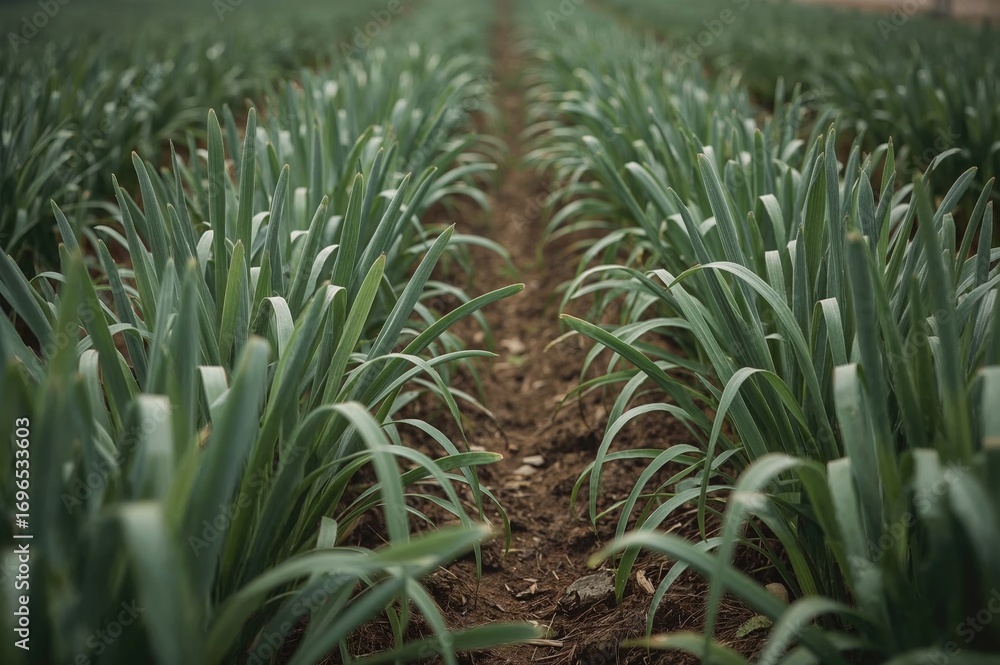Fototapeta premium Selective focus on leek crops in a field