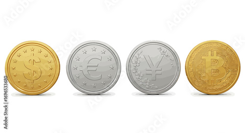 Currency icons set with dollar, euro, yen, and bitcoin coins, financial economy pack isolated on white background