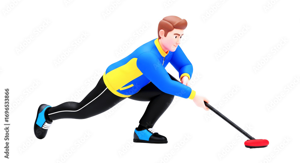 Obraz premium male curler sweeping the ice ahead of a sliding stone during a focused, competitive winter game.