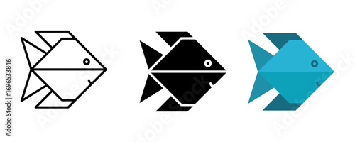 Fish icon set. A simple geometric fish illustration, available in line art, solid black silhouette, and blue color, representing a marine animal