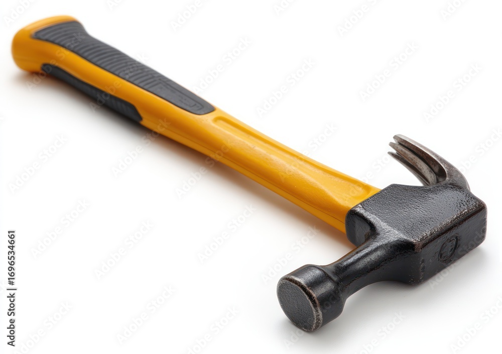 Fototapeta premium A hammer with a yellow handle and black head is lying on a white surface, casting a slight shadow