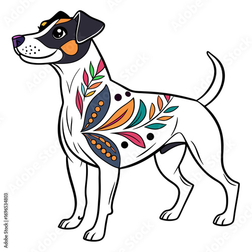 Cute jack russell terrier dog with colorful floral pattern