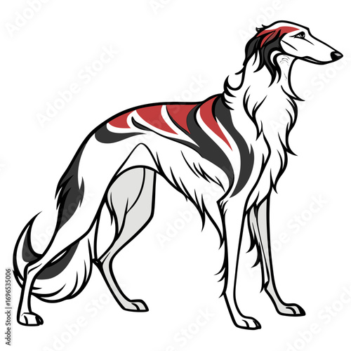 Stylized borzoi dog with tribal markings