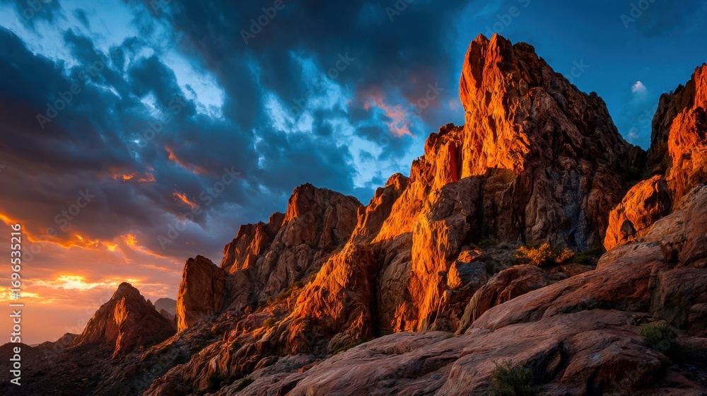 Naklejka premium Rocky cliffs glowing in sunset light under dramatic sky