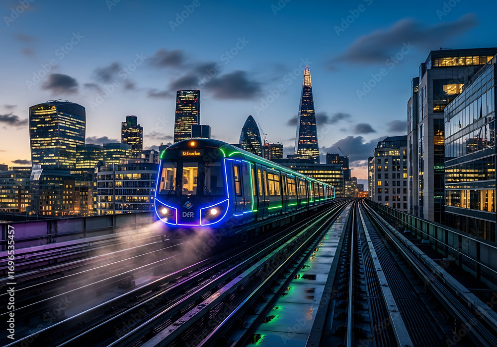 Fototapeta premium A Modern Train Races Through London at Night with Glowing Lights