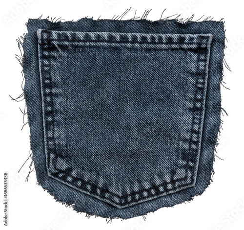 Piece of torn denim on a white background. Denim texture. Pocket