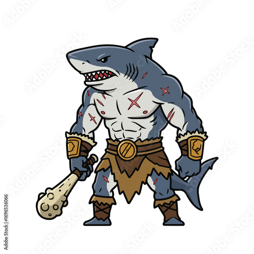 A muscular sharkhuman hybrid stands holding a bone club with scars armor and a stern expression
