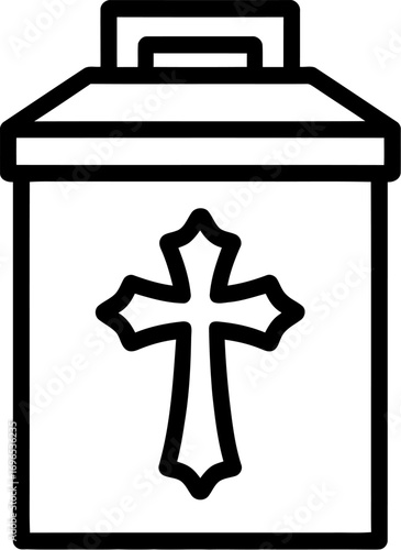 Simple line drawing of a cremation urn with a cross symbol, representing remembrance and final resting place.