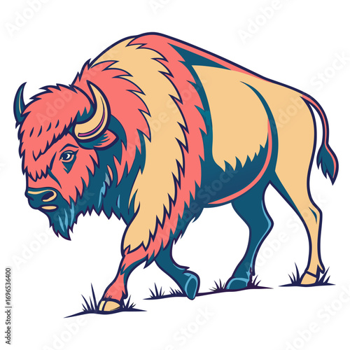 Stylized illustration of a walking bison with colorful mane and fur