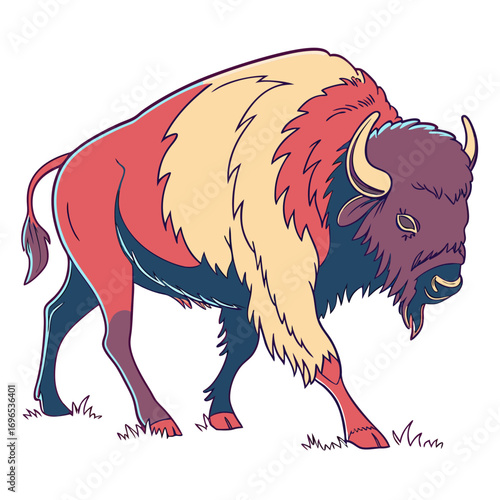 Stylized illustration of a bison with colorful mane