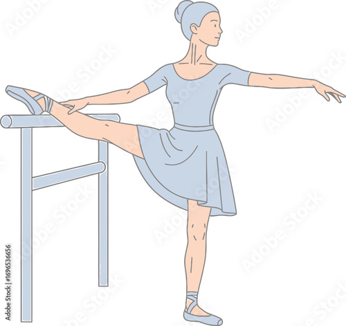 Elegant ballerina performs a graceful ballet pose at the barre, showcasing flexibility and poise in a studio setting