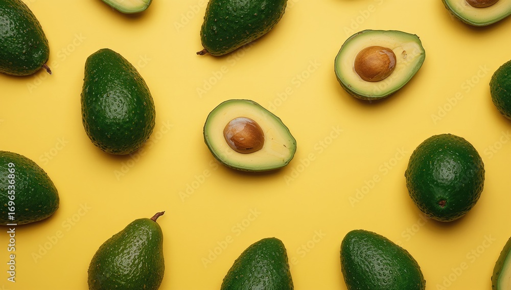 Organic avocado with seed and whole fruits on a bright yellow background. Minimalist flat design featuring green avocado halves. Summer cuisine inspired pop art concept. Organic avocado with seed and whole fruits on a bright yellow background. Minimalist flat design featuring green avocado halves. Summer cuisine inspired pop art concept.